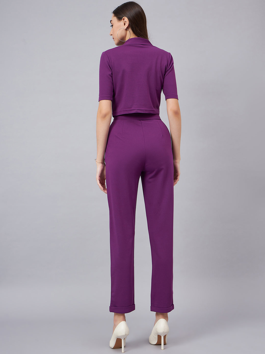 PURPLE Notched Lapel Collar Crop Top With Trouser