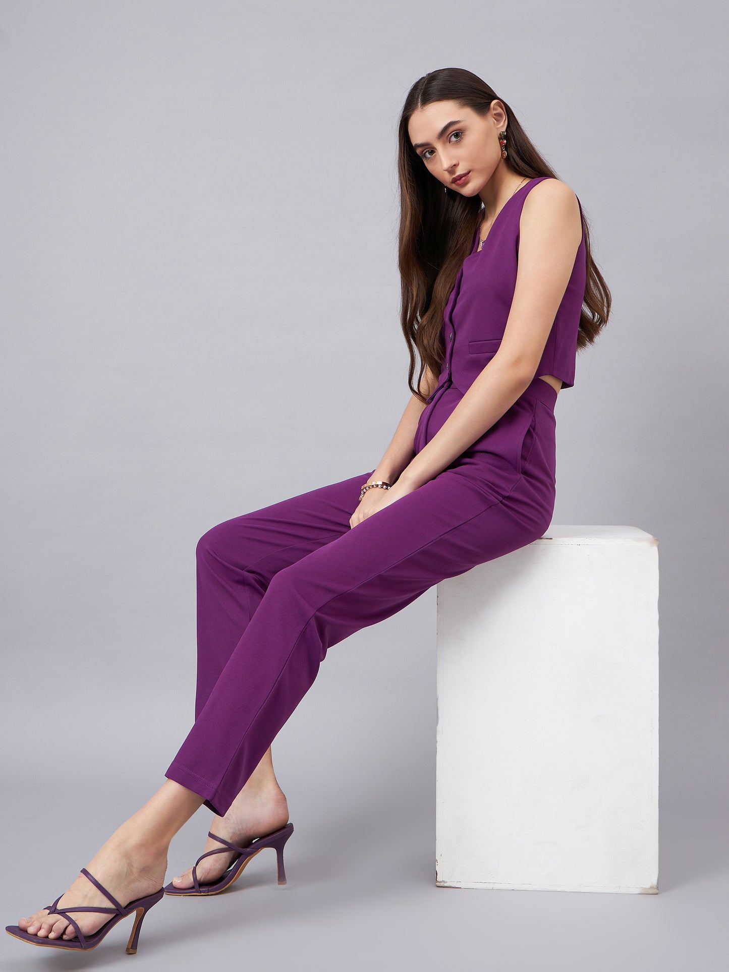 Purple V-Neck Crop Top With Trouser