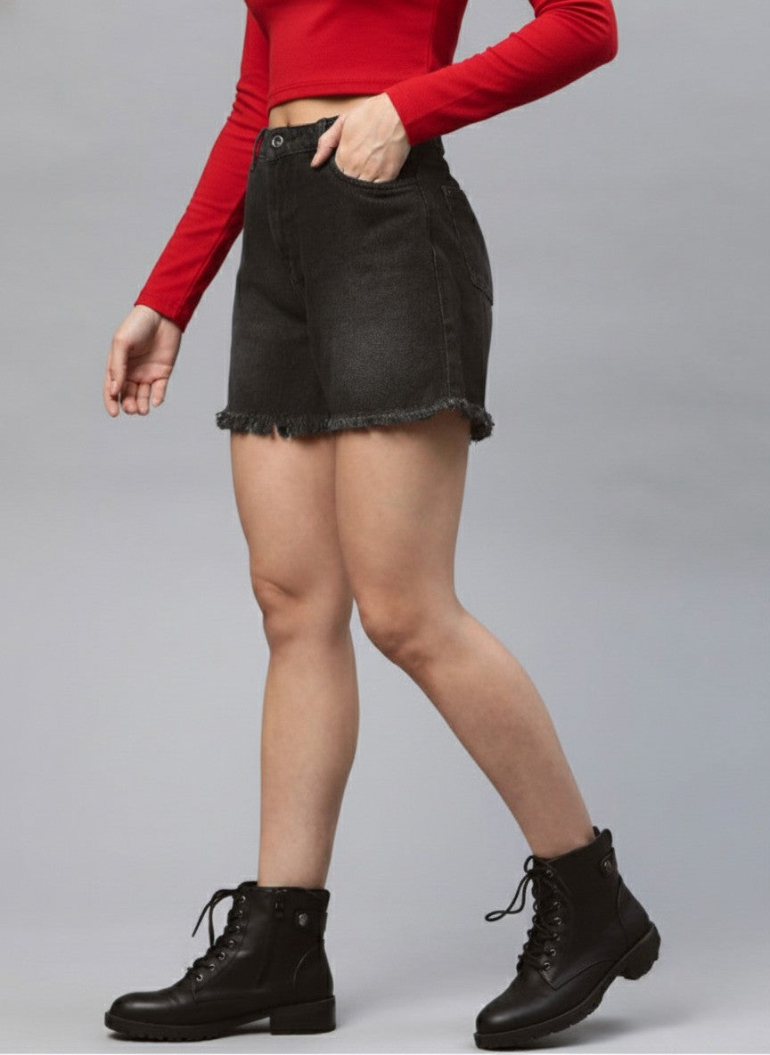 Charcoal Grey Loose Fit High-Rise Denim Shorts