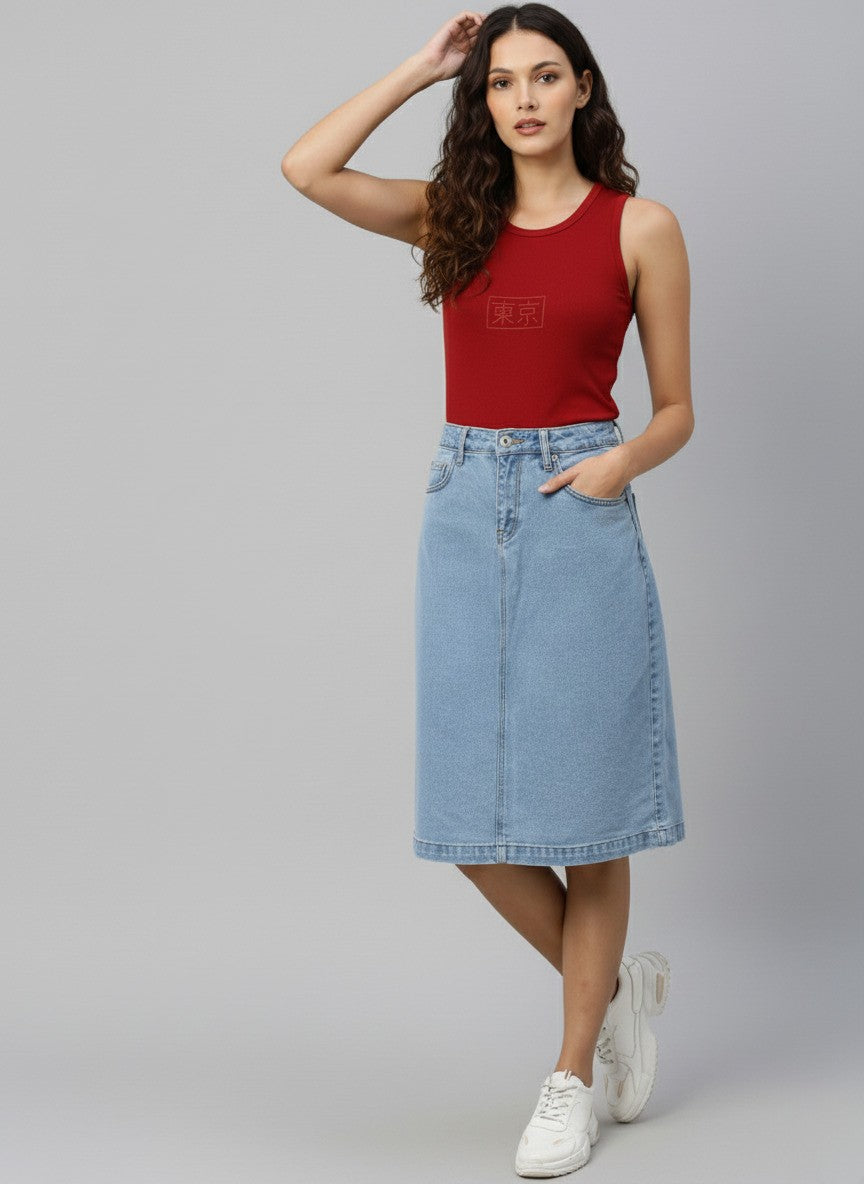 Women Blue Solid Straight Denim Skirt
