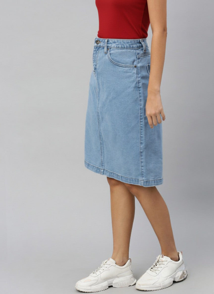 Women Blue Solid Straight Denim Skirt