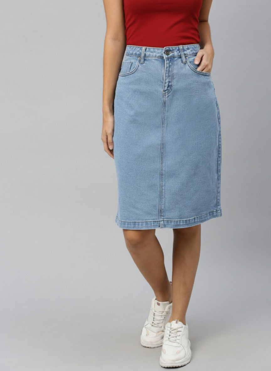 Women Blue Solid Straight Denim Skirt