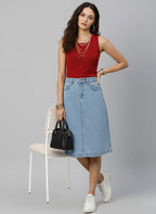 Women Blue Solid Straight Denim Skirt