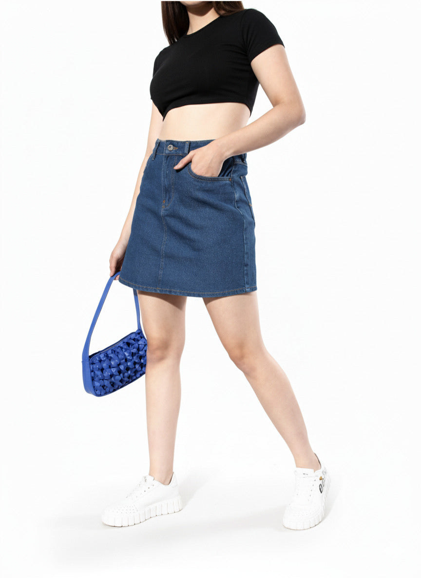 Women Blue Washed Denim Straight Skirt
