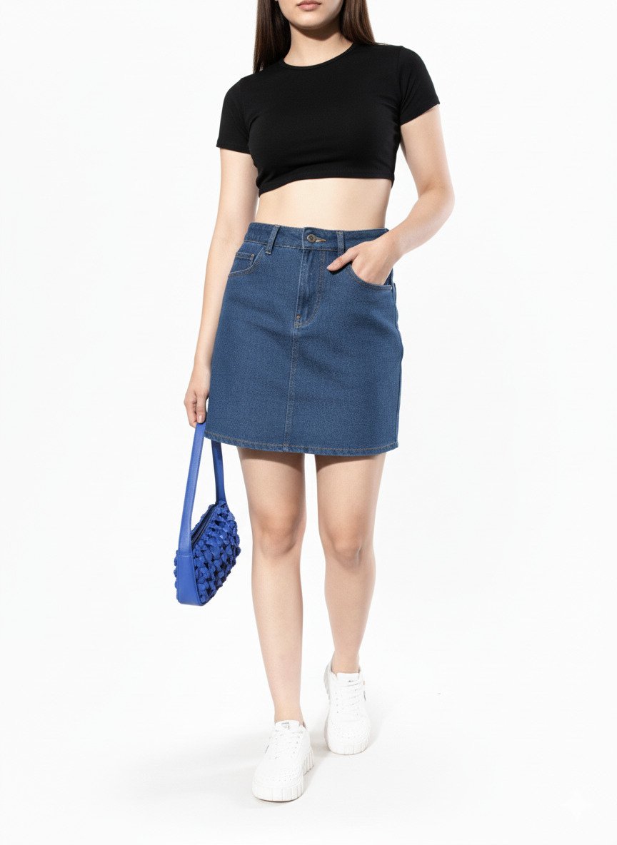 Women Blue Washed Denim Straight Skirt