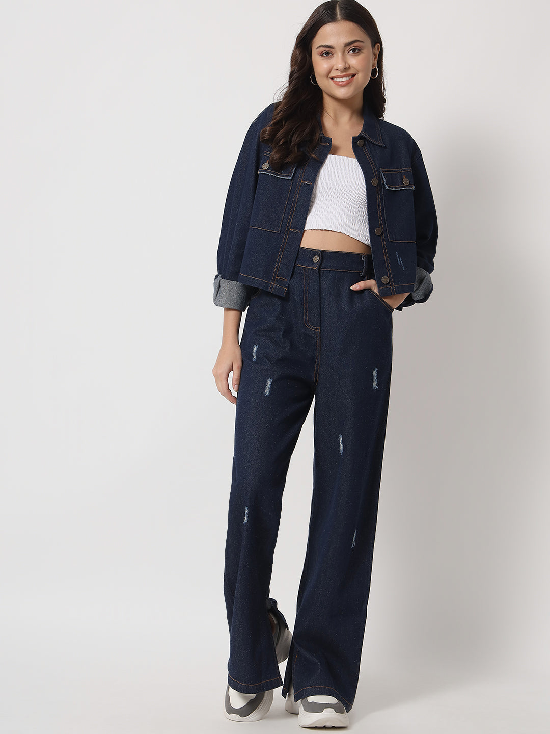 Shirt Collar Jacket with Mid-Rise Pant Denim Co-Ords