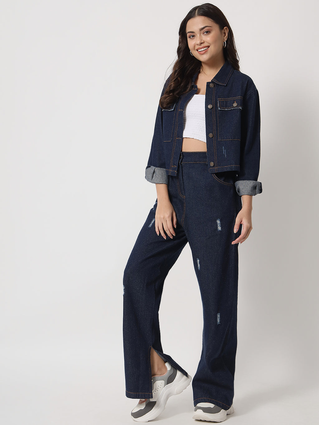 Shirt Collar Jacket with Mid-Rise Pant Denim Co-Ords