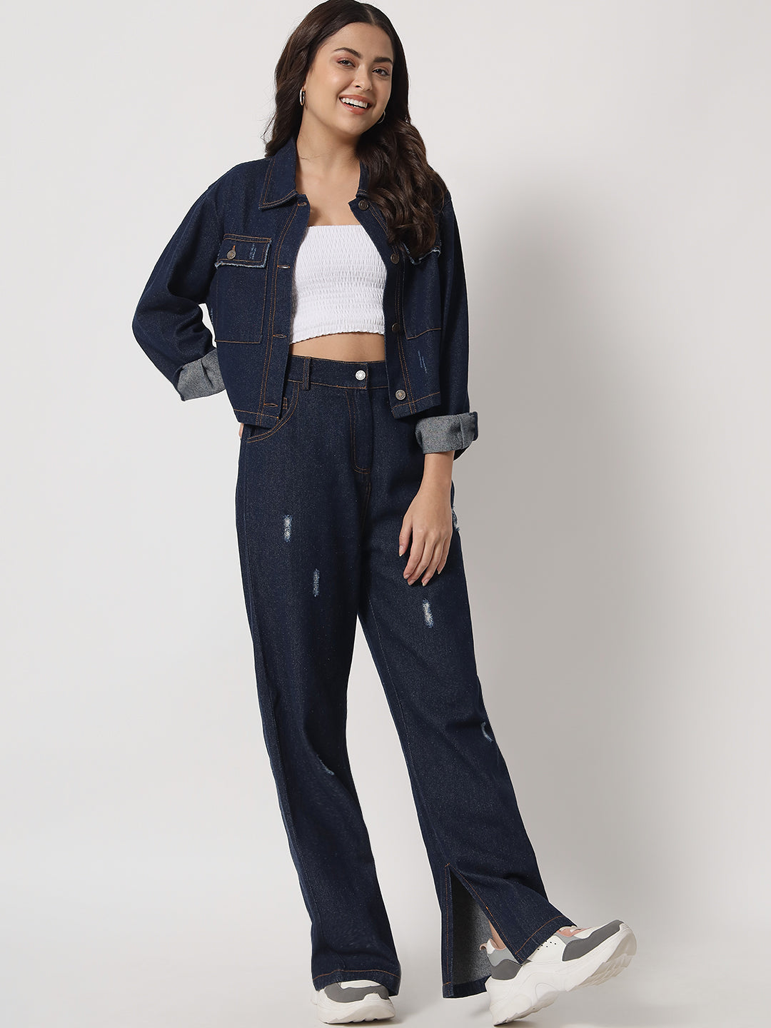 Shirt Collar Jacket with Mid-Rise Pant Denim Co-Ords