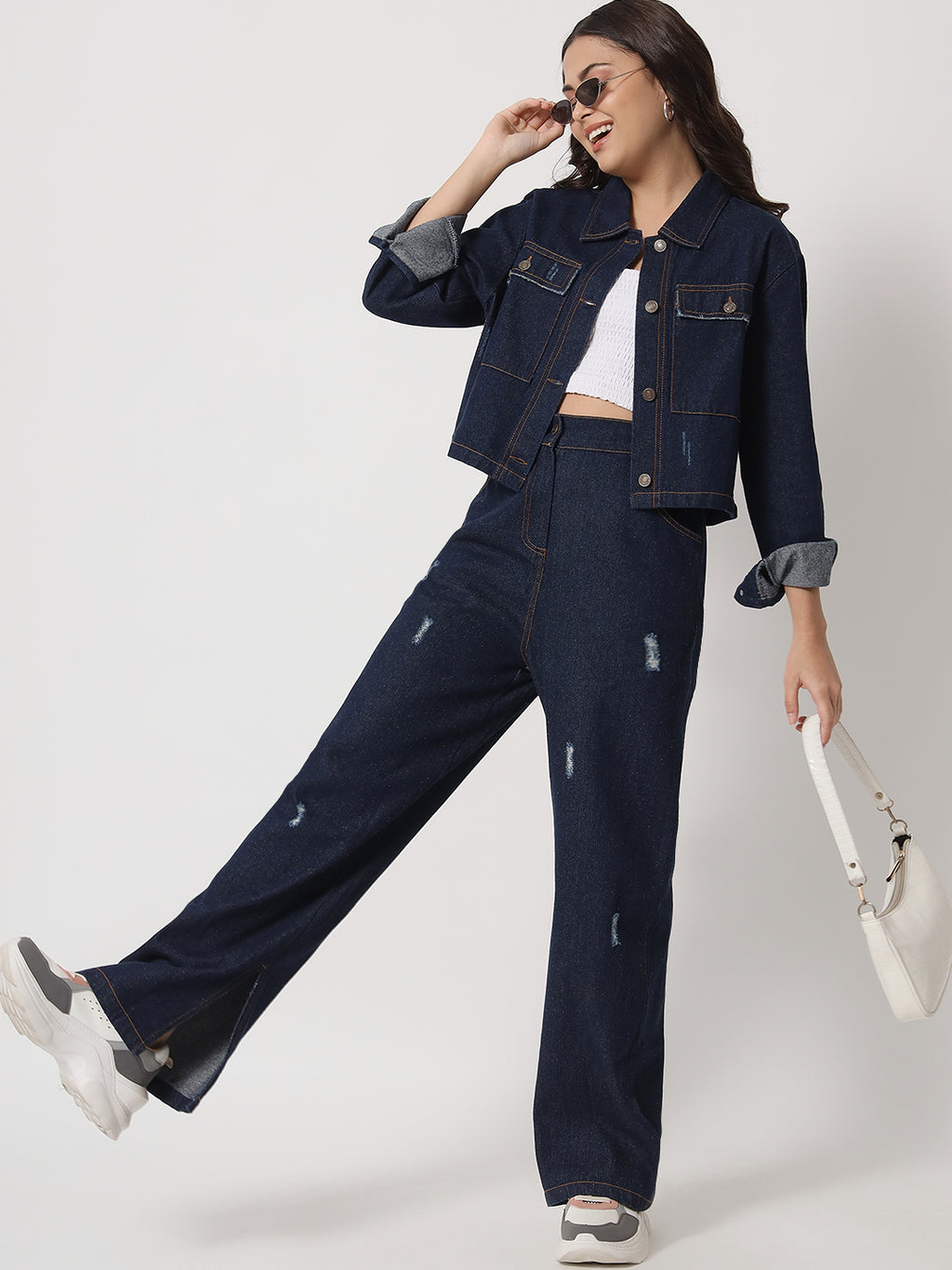 Shirt Collar Jacket with Mid-Rise Pant Denim Co-Ords