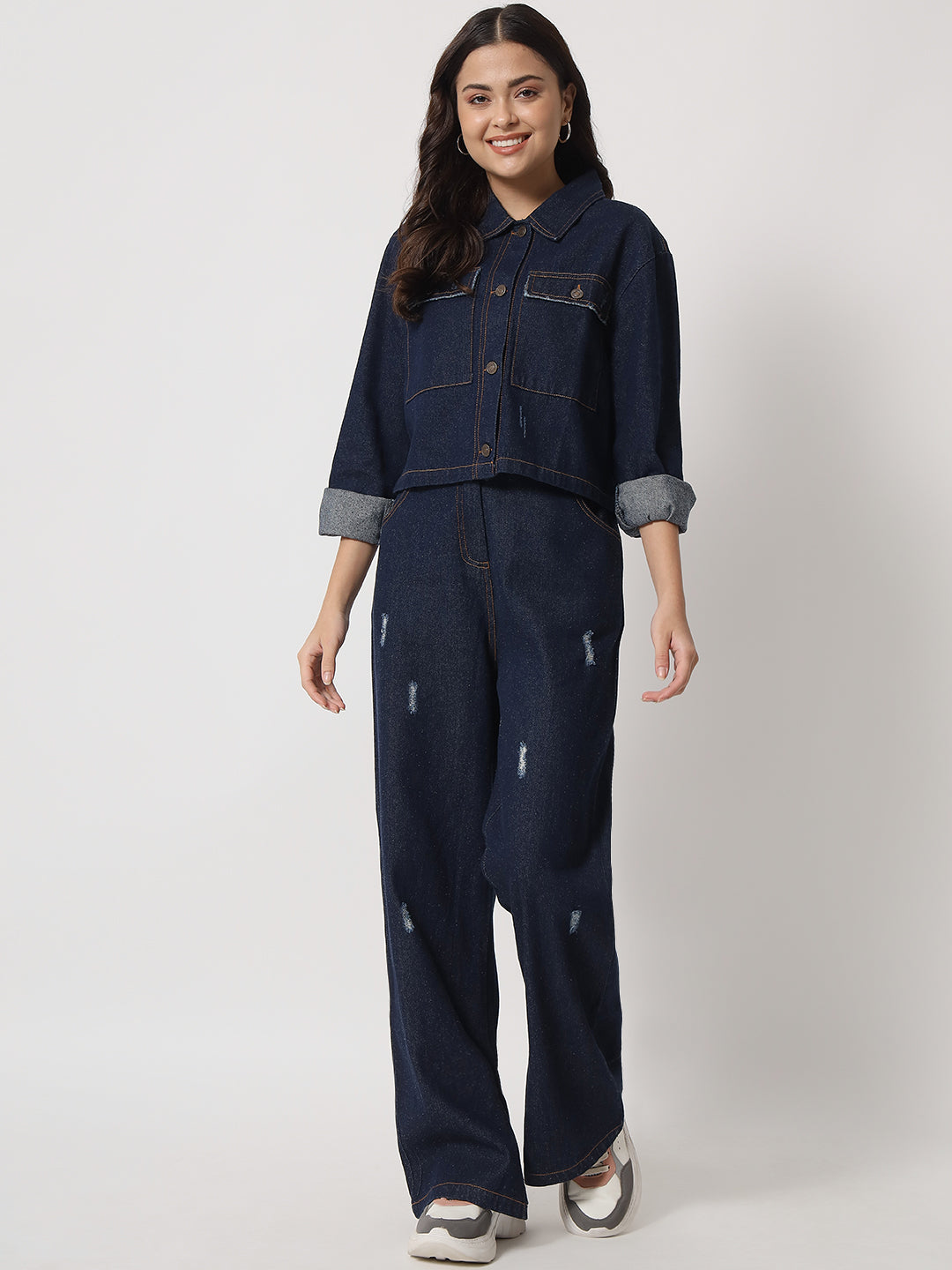 Shirt Collar Jacket with Mid-Rise Pant Denim Co-Ords