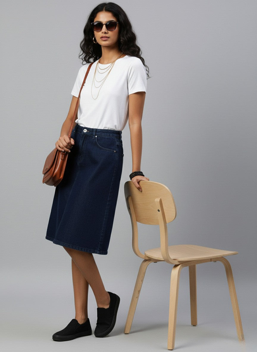 Women Black Solid Denim A-Line Skirt