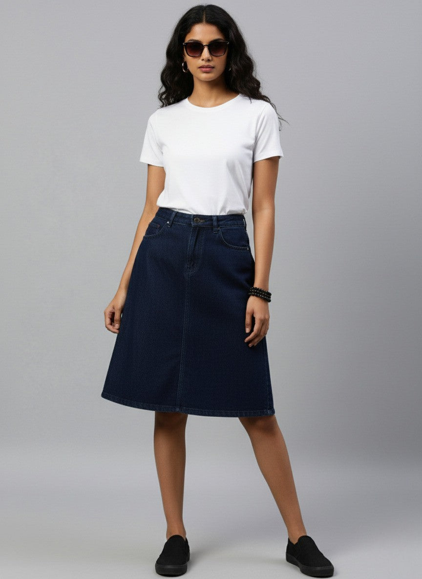 Women Black Solid Denim A-Line Skirt
