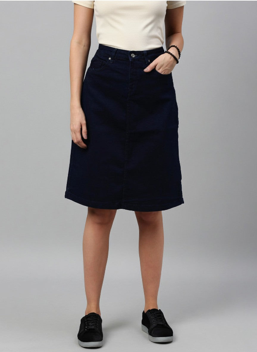 Women Black Solid Denim A-Line Skirt
