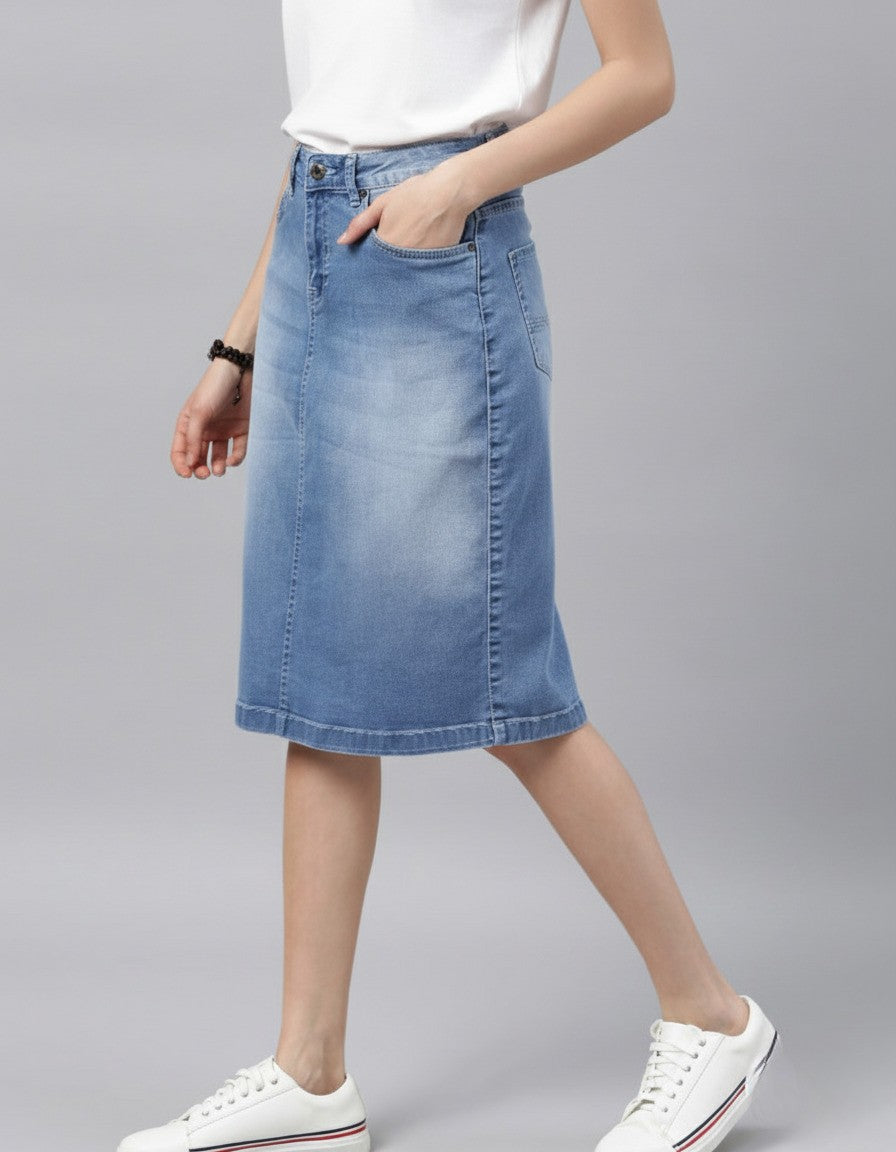 Women Blue Solid Light Fade Denim Skirt