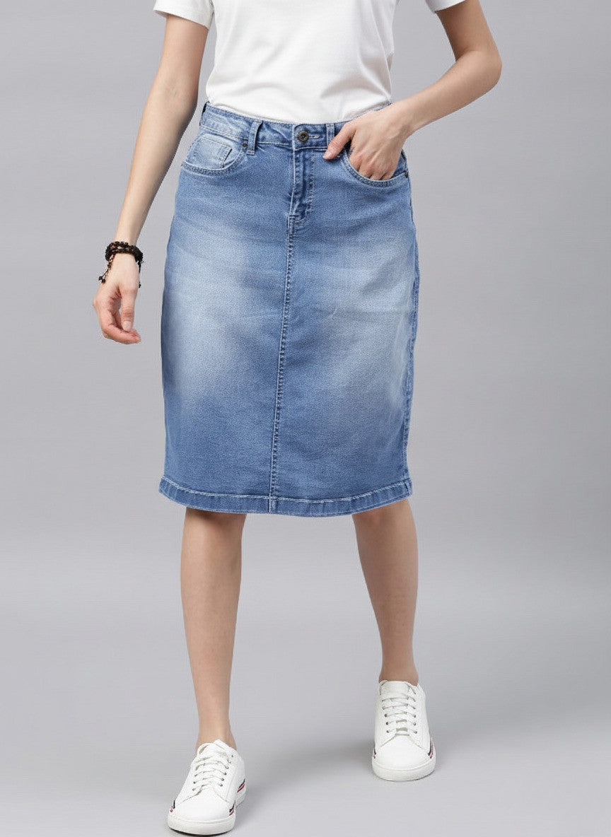 Women Blue Solid Light Fade Denim Skirt