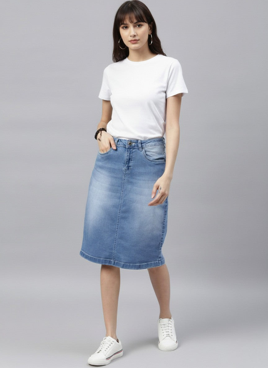 Women Blue Solid Light Fade Denim Skirt