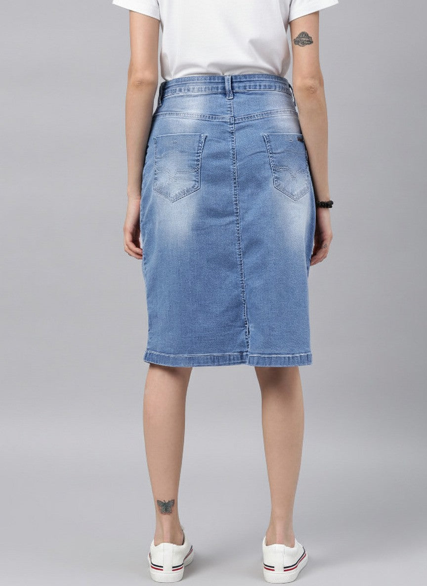 Women Blue Solid Light Fade Denim Skirt