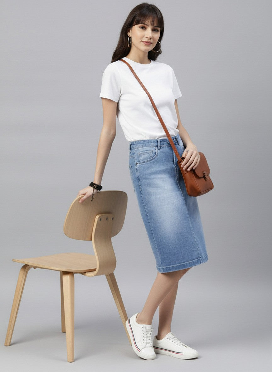 Women Blue Solid Light Fade Denim Skirt