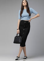 Black Ribbed Pencil Midi Skirt