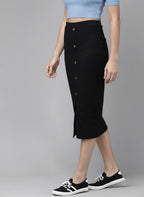 Black Ribbed Pencil Midi Skirt