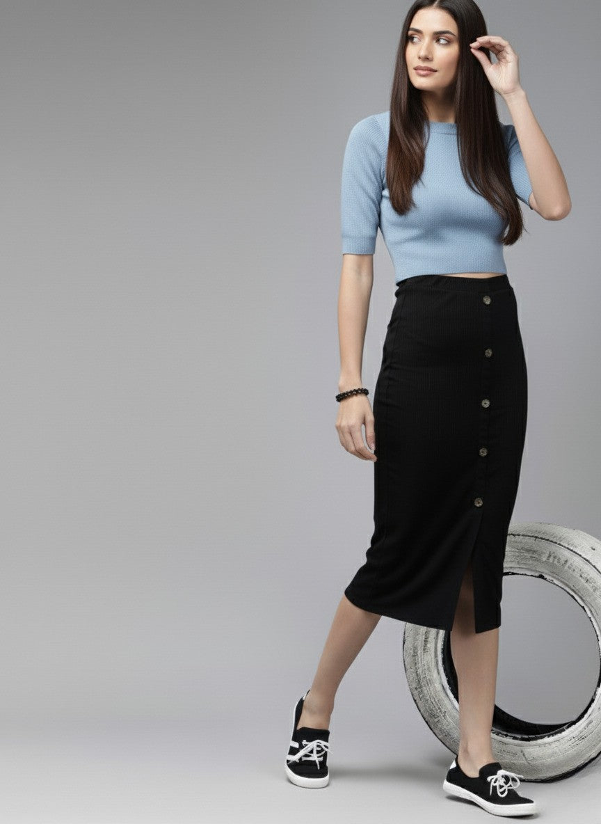 Black Ribbed Pencil Midi Skirt