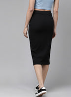 Black Ribbed Pencil Midi Skirt