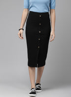 Black Ribbed Pencil Midi Skirt
