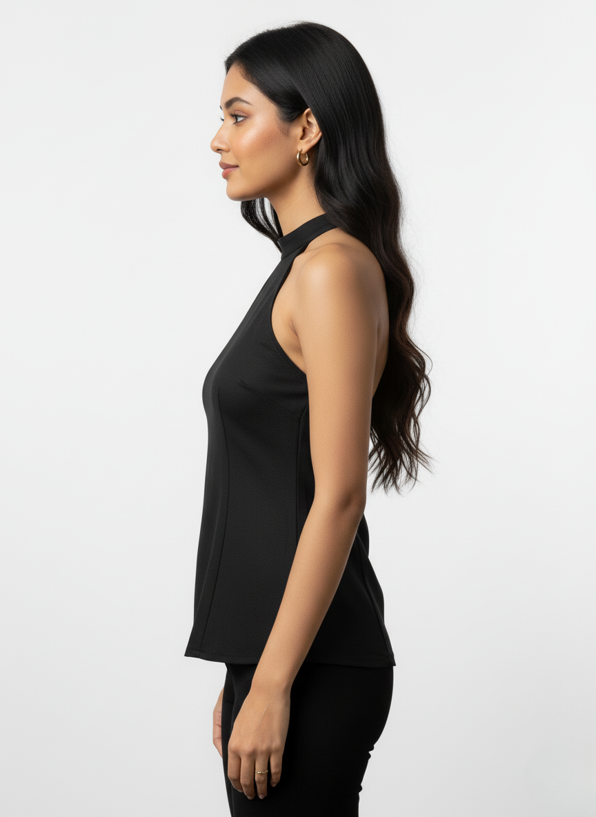Women’s Black Halter Blouse with Front Tie Keyhole Design