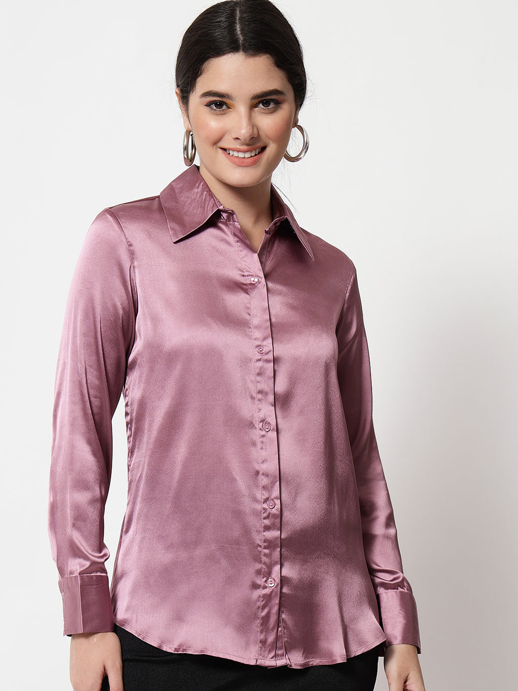 Spread Collar Satin Casual Shirt
