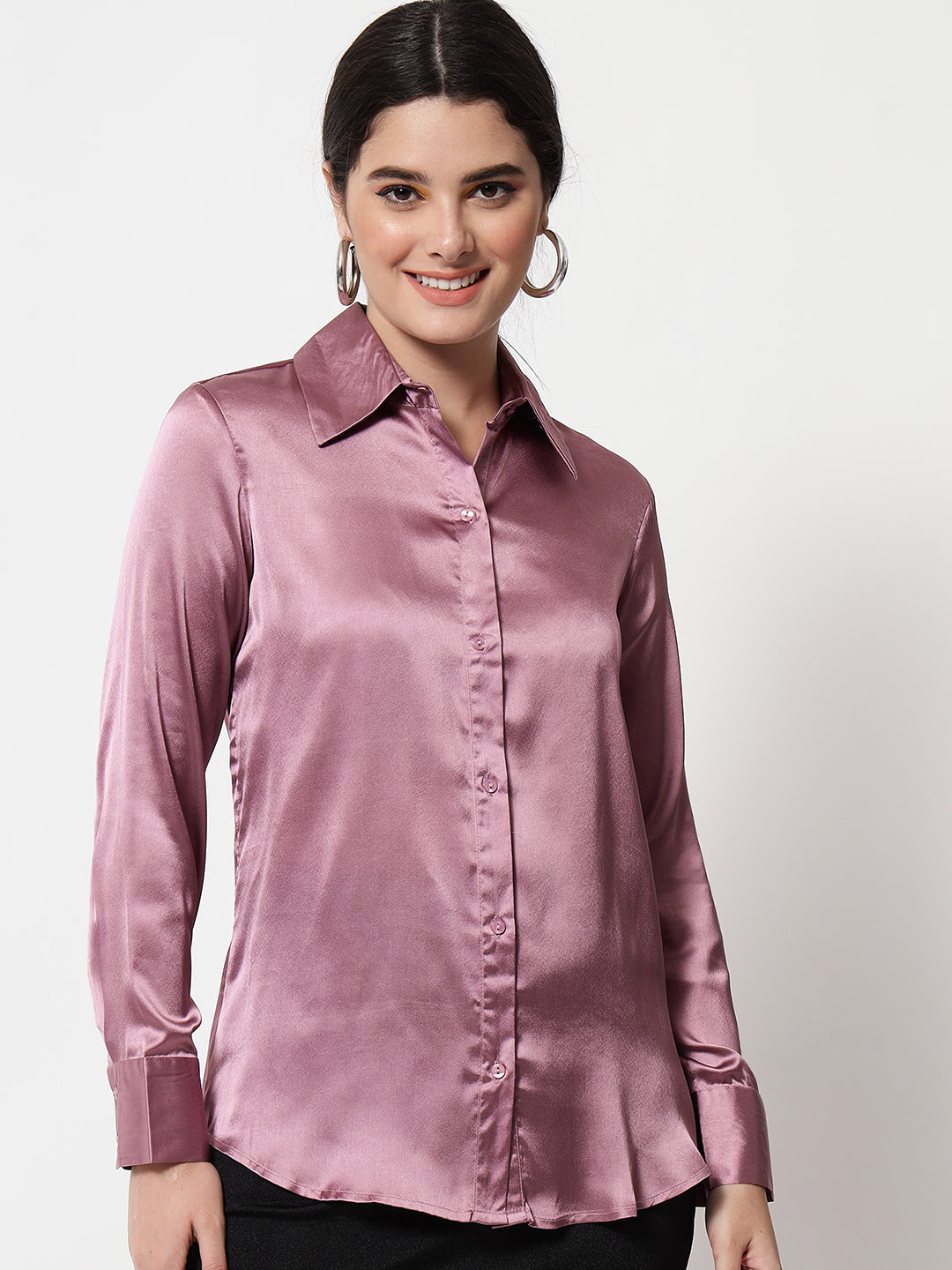 Spread Collar Satin Casual Shirt