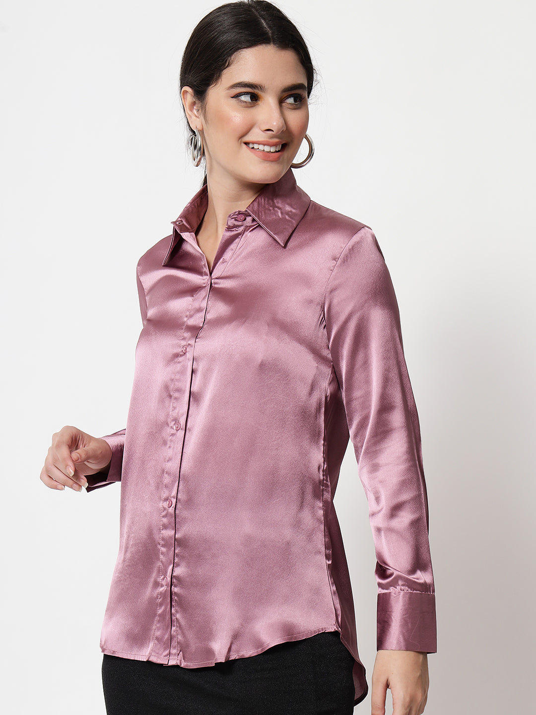 Spread Collar Satin Casual Shirt