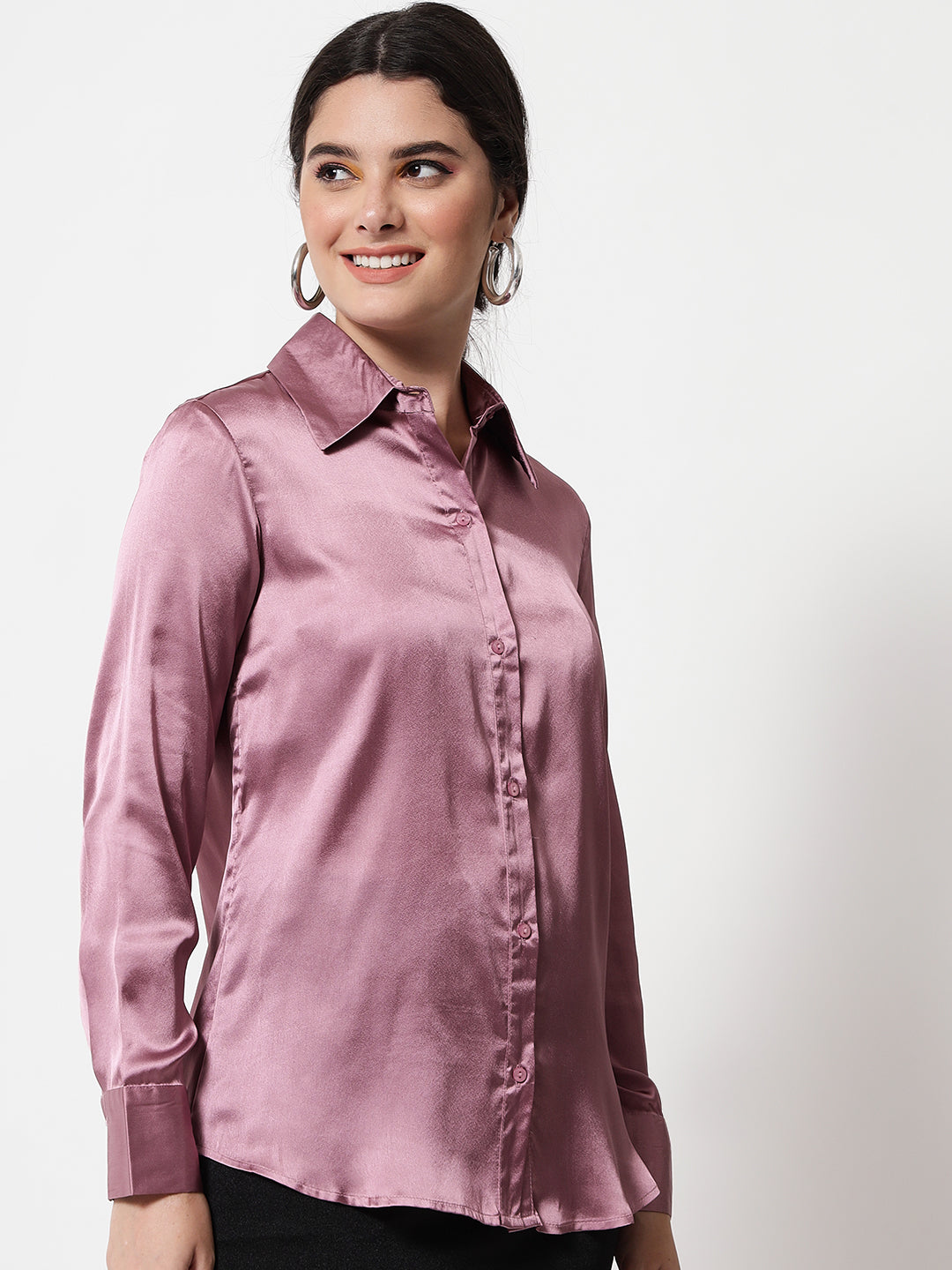 Spread Collar Satin Casual Shirt
