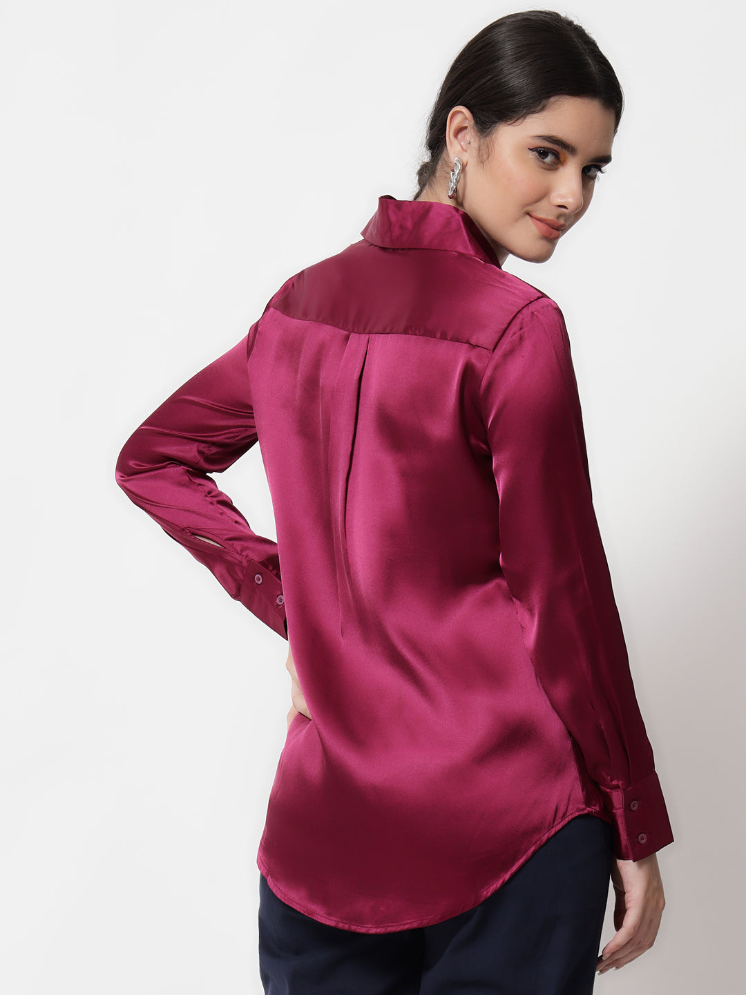 Spread Collar Casual Satin Shirt