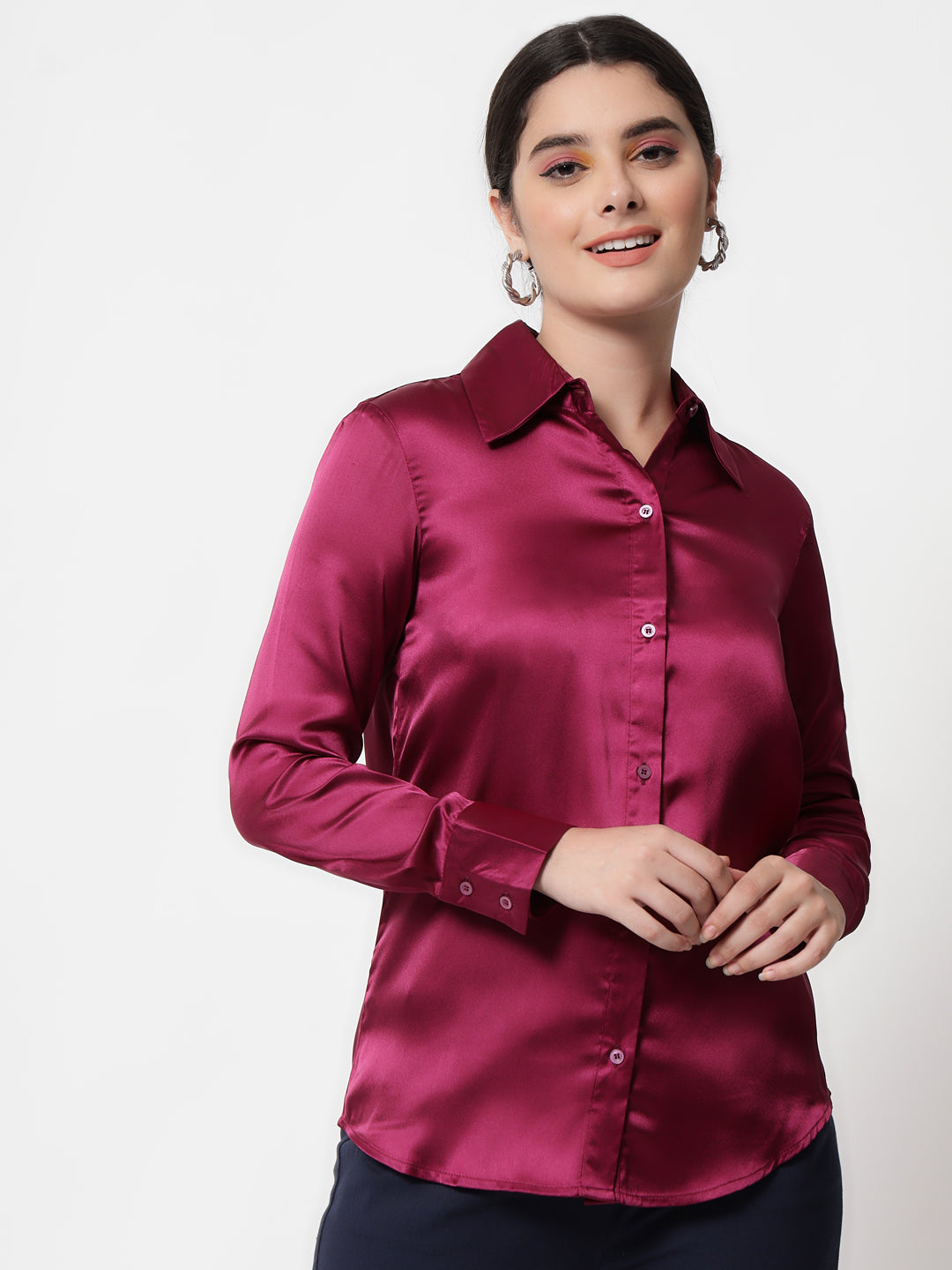Spread Collar Casual Satin Shirt