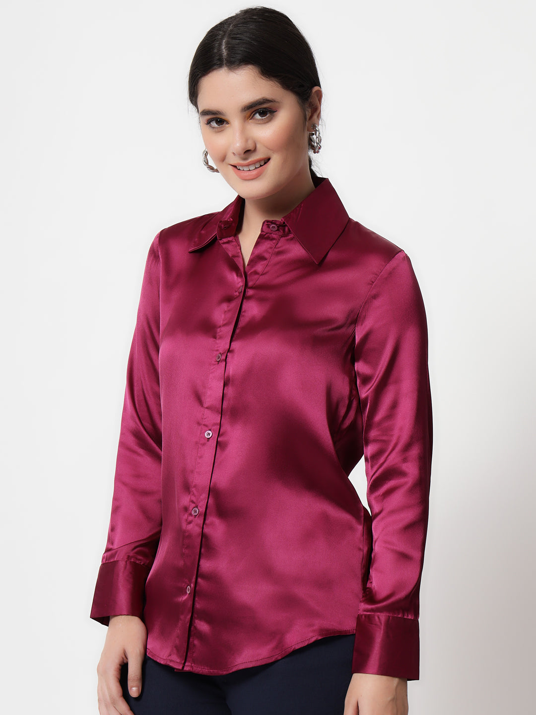 Spread Collar Casual Satin Shirt