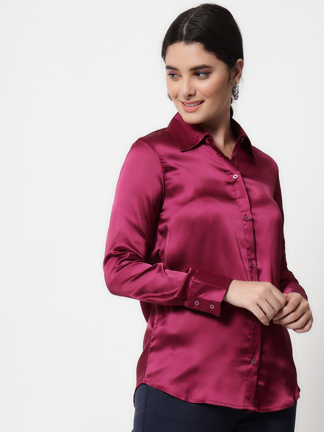 Spread Collar Casual Satin Shirt