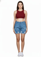 Regular Washed Fit High-Rise Distressed Denim Shorts