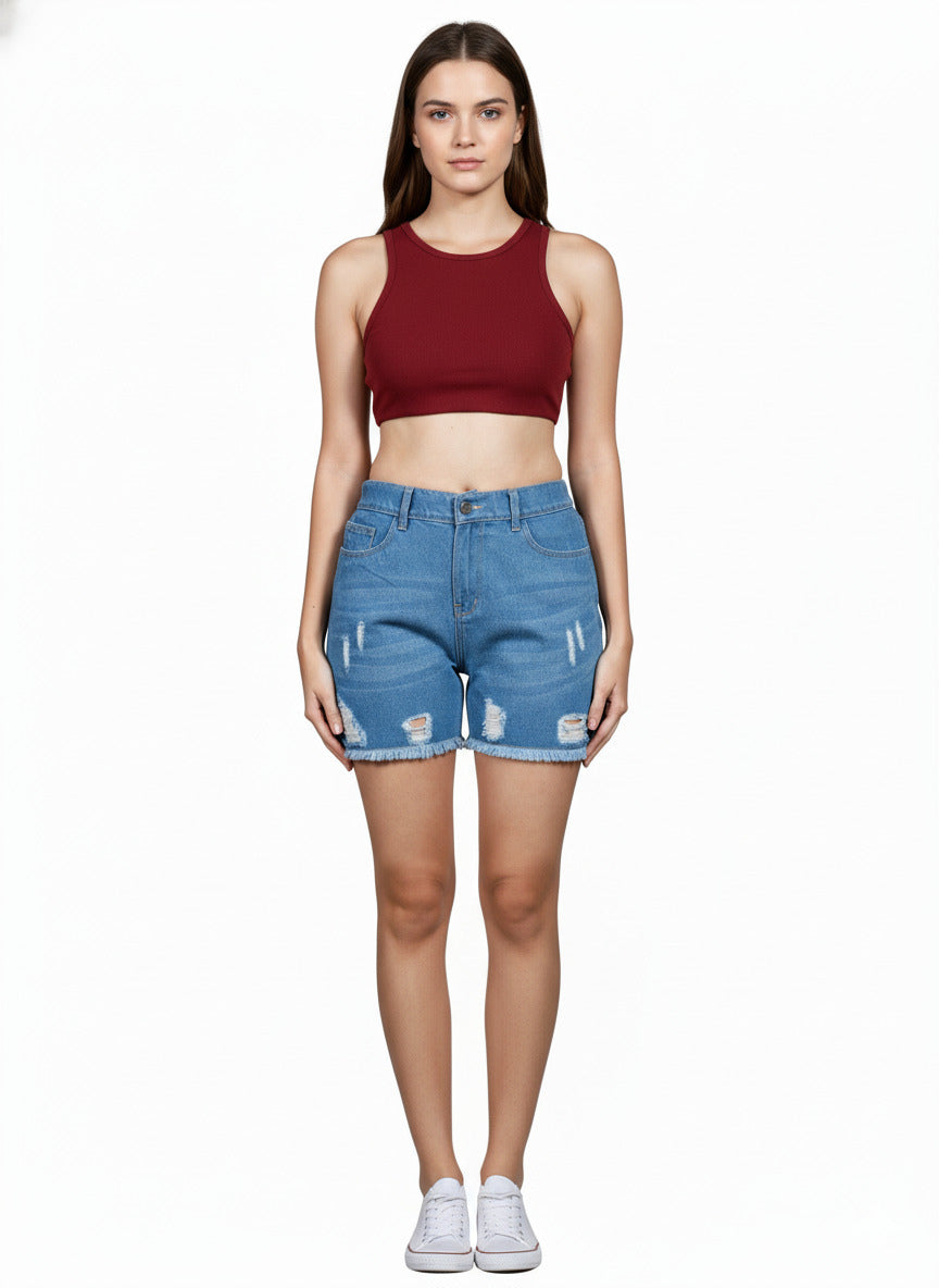 Regular Washed Fit High-Rise Distressed Denim Shorts