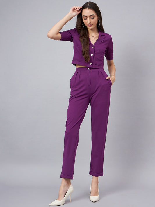 PURPLE Notched Lapel Collar Crop Top With Trouser