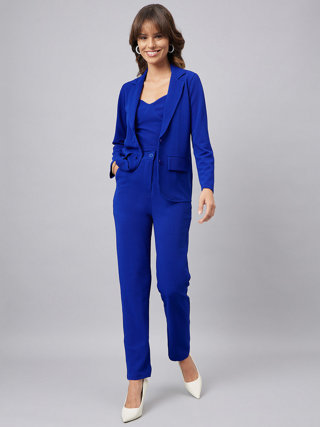 Sleeveless Crop Top With Shawl Neck Jacket & Trousers