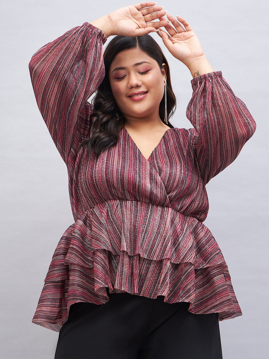 Plus Size Striped Puff Sleeve Layered Top