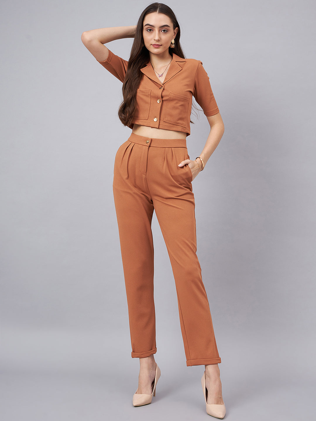 Brown Notched Lapel Collar Crop Top With Trouser