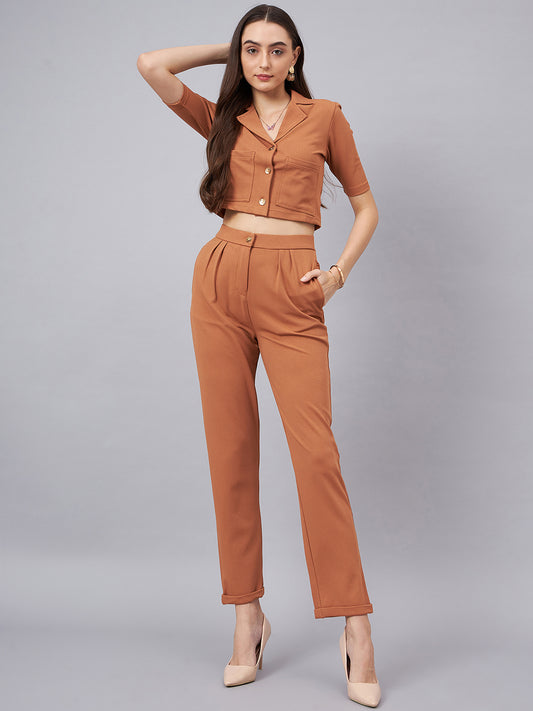 Brown Notched Lapel Collar Crop Top With Trouser