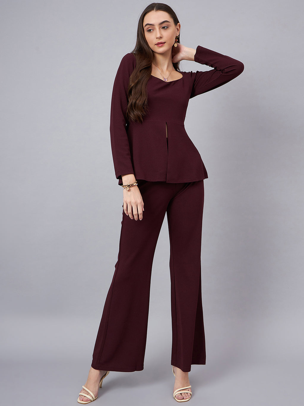 Sweetheart Neck Peplum Top With Flared Trousers