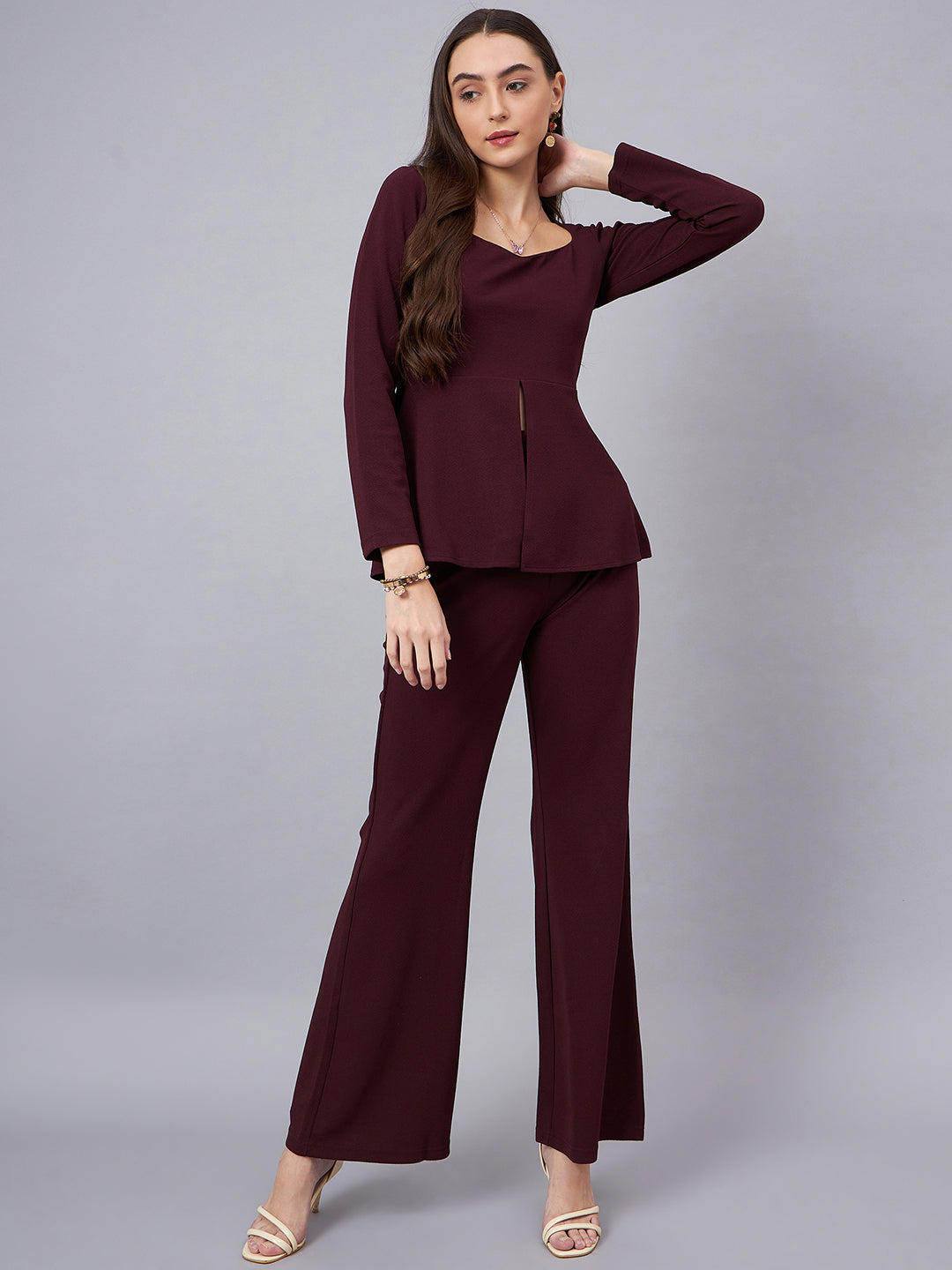 Sweetheart Neck Peplum Top With Flared Trousers