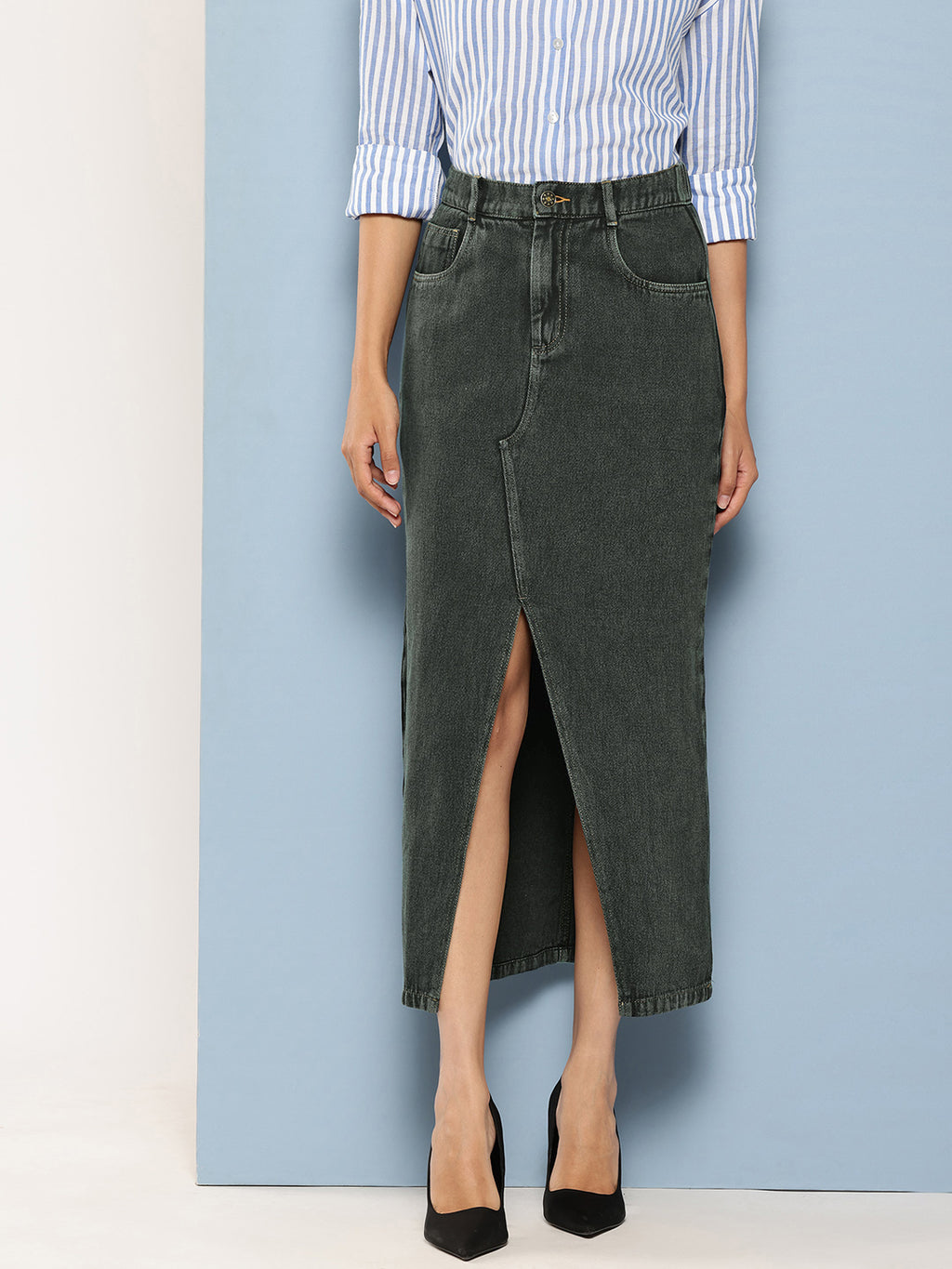 Pure Cotton Denim Straight Maxi Skirt with Front Slit
