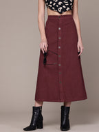 Maroon Denim Midi A-Line Skirt