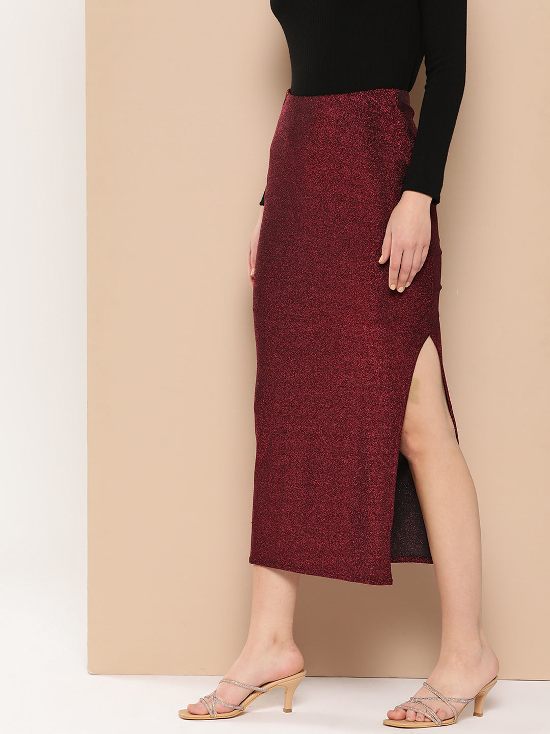 Women Solid Pencil Maroon Shiny Midi Skirt