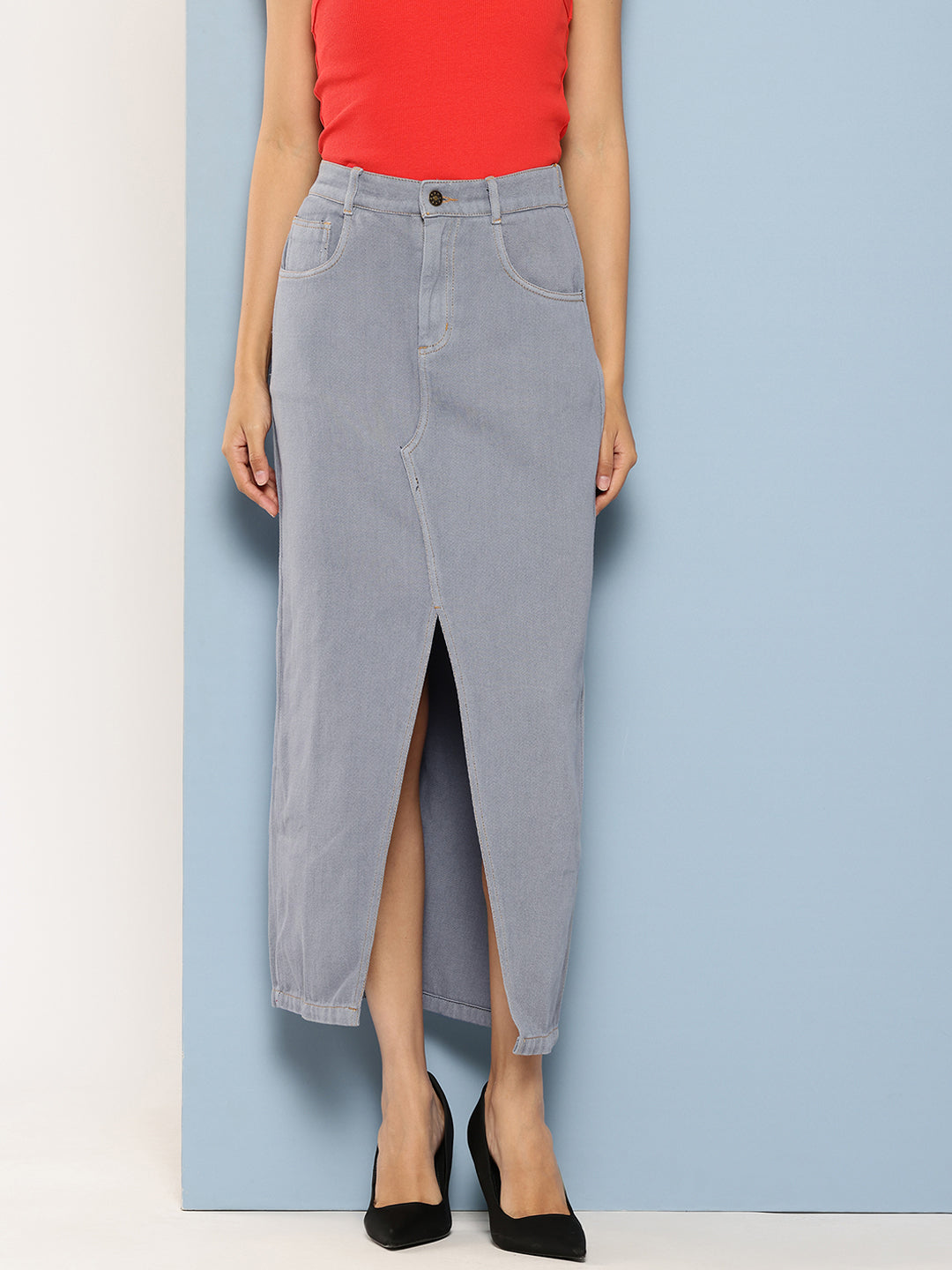 Grey Pure Cotton Denim Straight Maxi Skirt with Front Slit