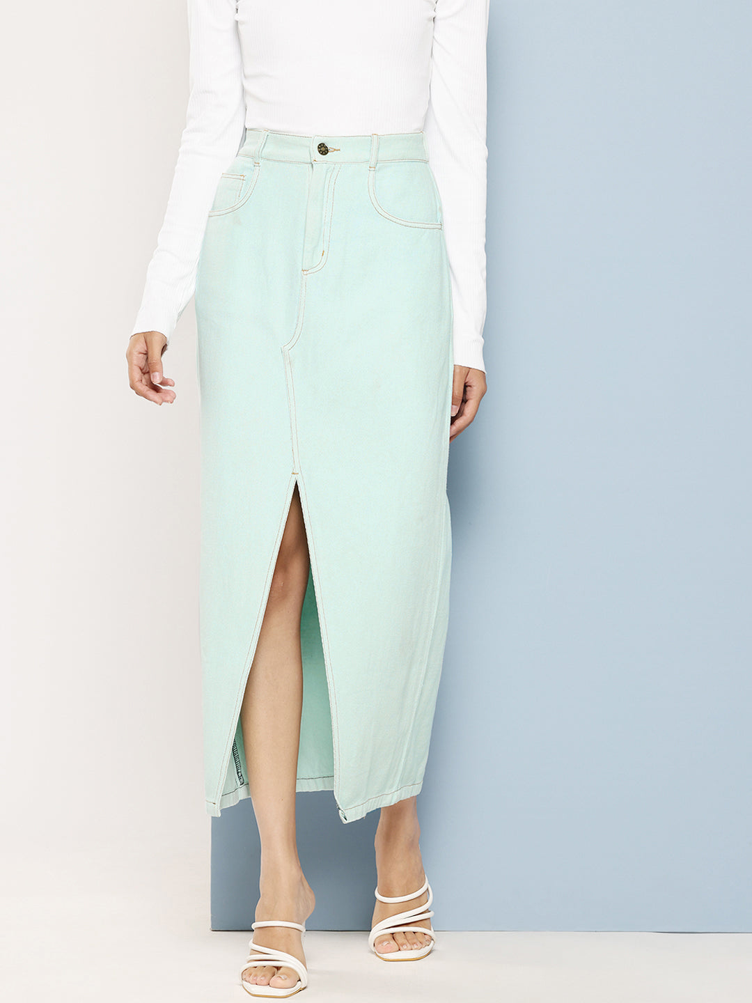Pure Cotton Green Denim Straight Maxi Skirt with Front Slit